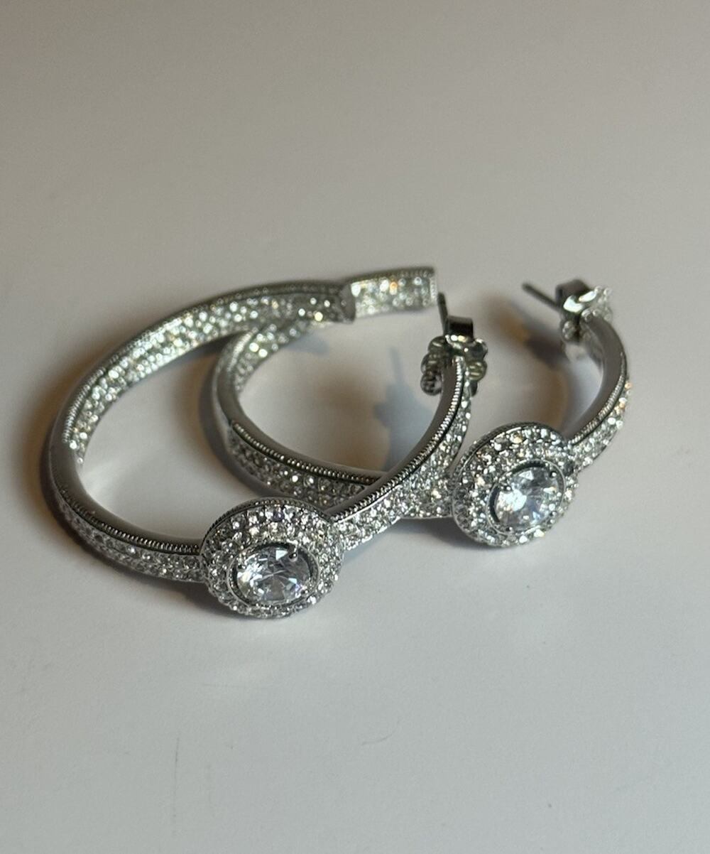 Silver Tone Rhinestone Hoop Earrings Clear Crystal Halo Statement Pierced